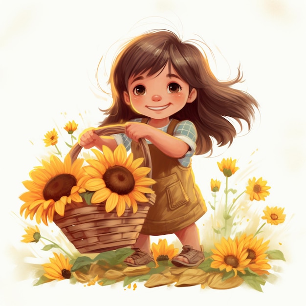 cartoon girl with sunflowers in a basket generative ai