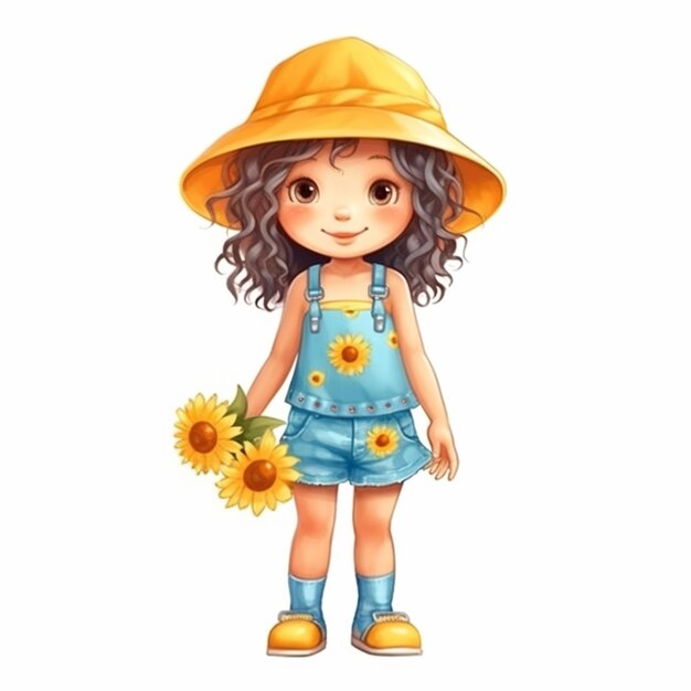 cartoon girl with sunflowers in a hat and overalls generative ai