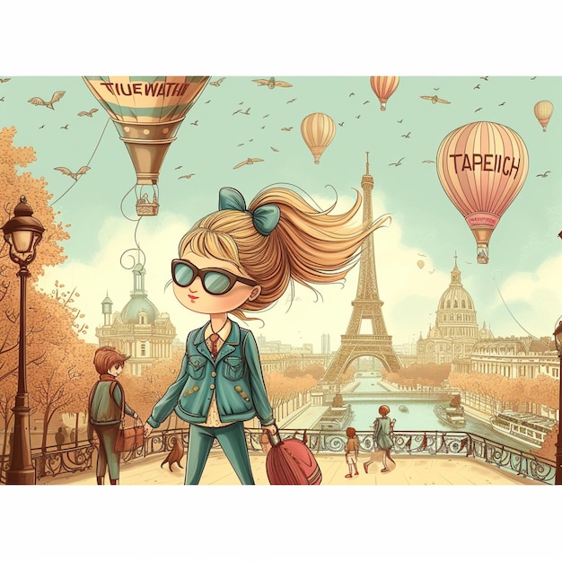 Foto ragazza dei cartoni animati con gli occhiali da sole e una valigia che cammina per una strada generativa ai