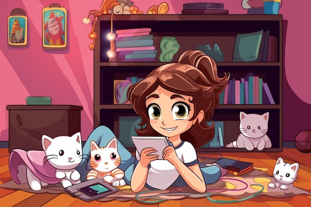 cartoon girl with a tablet surrounded by cats and a cat generative ai