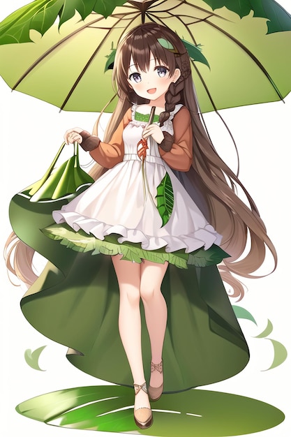 A cartoon girl with an umbrella and a green umbrella