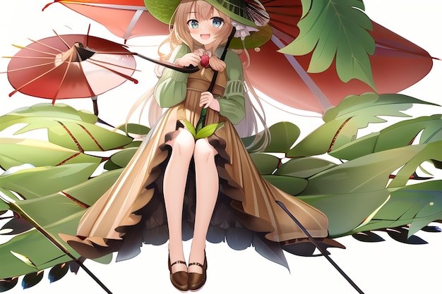 A cartoon girl with an umbrella and a hat sits on a leafy plant.