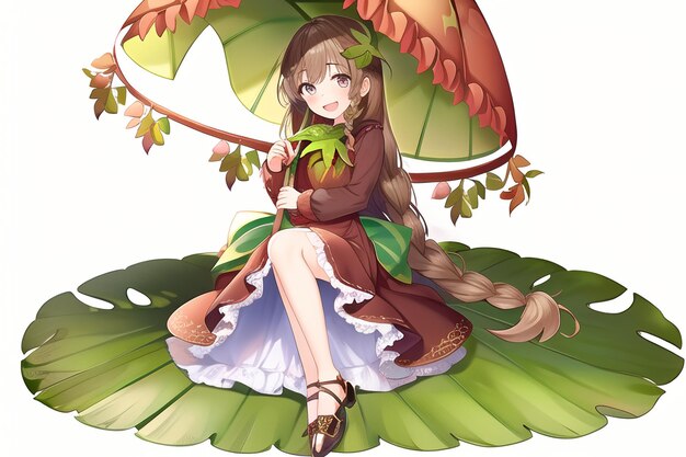 Photo a cartoon girl with an umbrella on a leaf