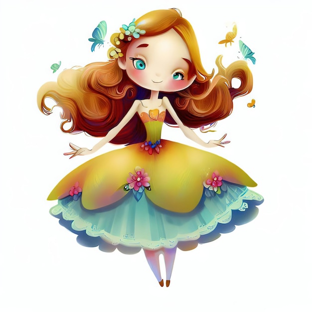 A cartoon of a girl with a yellow dress with butterflies on it.