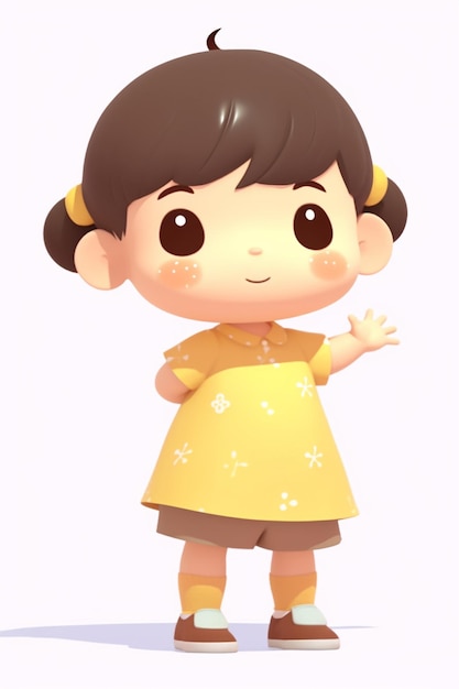 A cartoon girl with a yellow shirt and brown shorts stands waving and smiling.