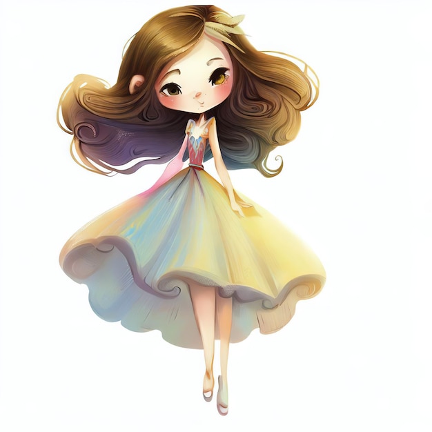 A cartoon of a girl in a yellow dress with long hair and a butterfly tail.