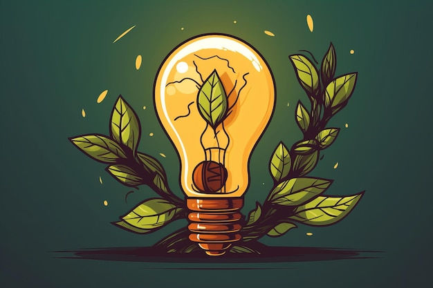 Cartoon Gloeilamp met Sprouting Plant of Ideas AI gegenereerd