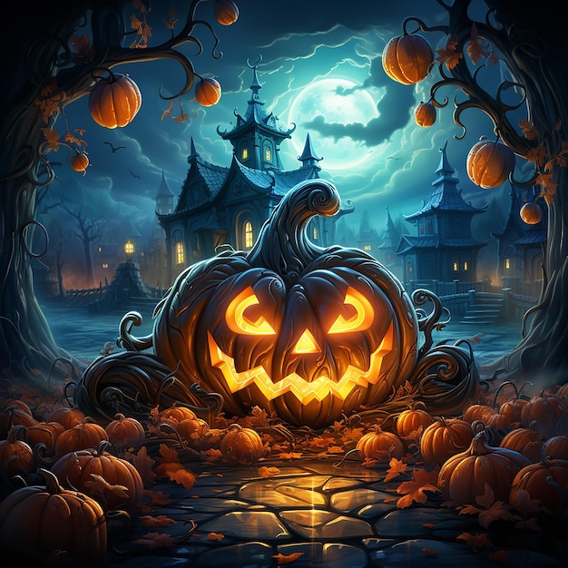 Cartoon glowing pumpkin fruit for halloween celebration