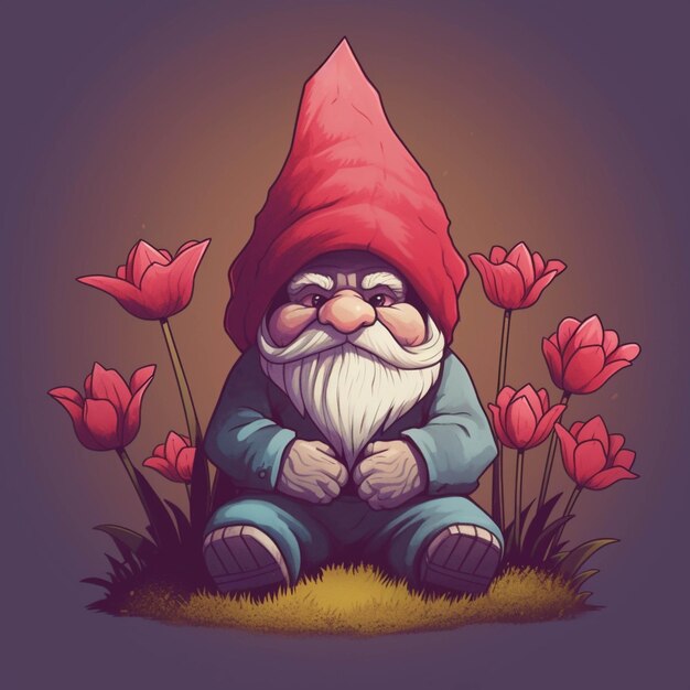Photo cartoon gnome sitting in the grass with flowers generative ai