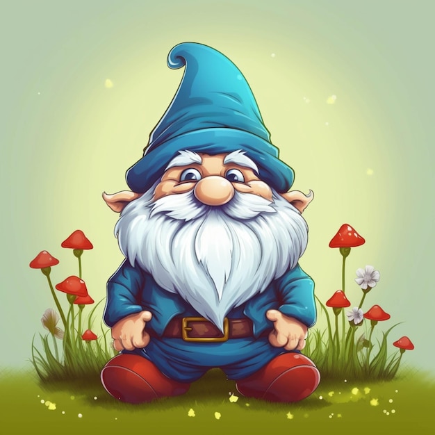 Cartoon gnome sitting in the grass with mushrooms generative ai