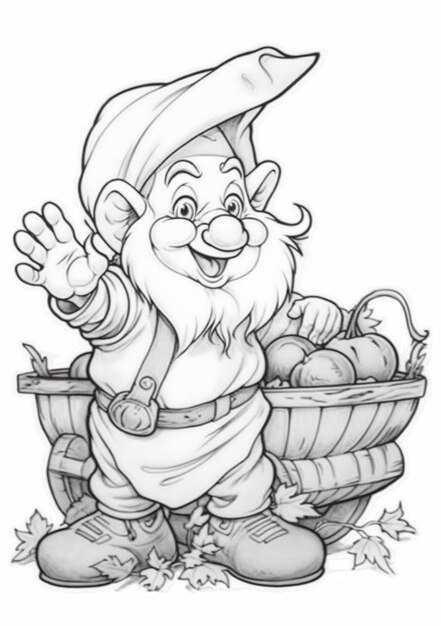 Photo a cartoon gnome with a basket of apples in his hand generative ai