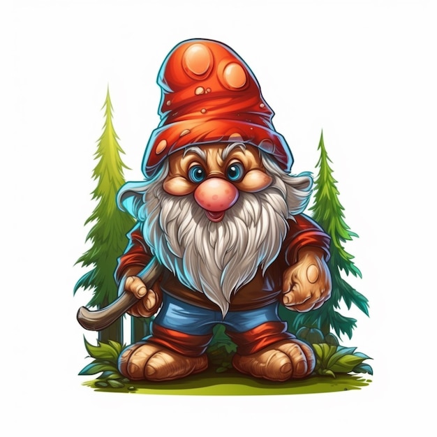 Photo cartoon gnome with a beard and a red hat standing in the woods generative ai