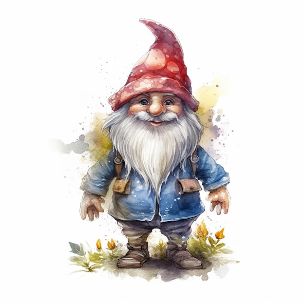 A cartoon gnome with a blue jacket and a hat.