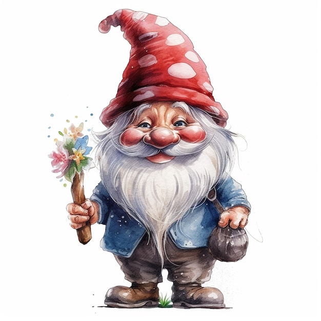 A cartoon gnome with a blue jacket and a red hat holds a flower in his hand.