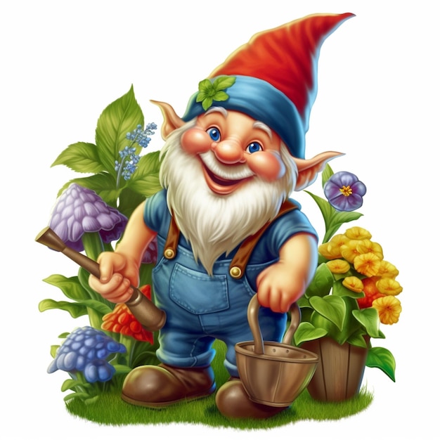 A cartoon gnome with a bucket and a bucket of berries.