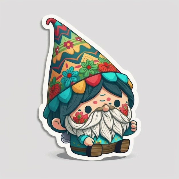 A cartoon gnome with a colorful hat and a flowered beard generative ai