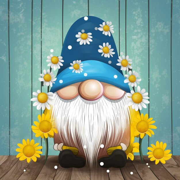 cartoon gnome with flowers on a wooden floor in front of a blue wall generative ai