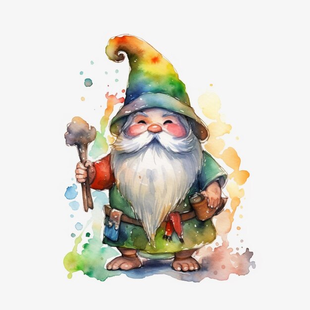 A cartoon gnome with a hat and a hammer.