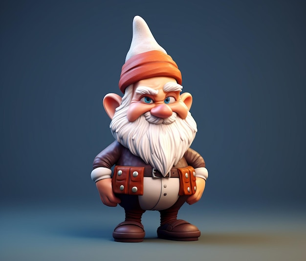 A cartoon gnome with a hat and a leather jacket