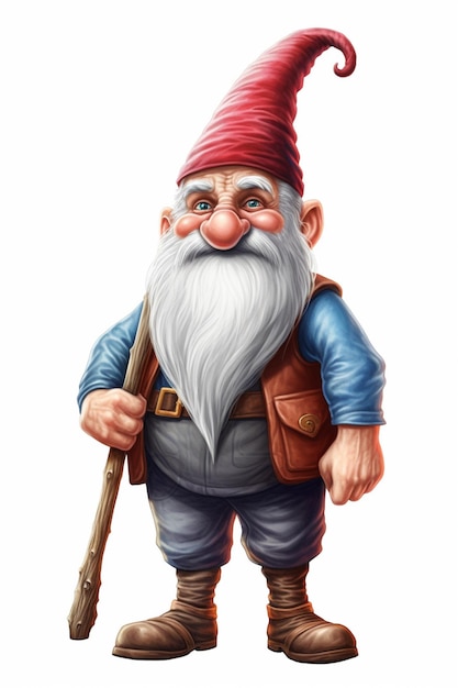 cartoon gnome with a long beard and a red hat holding a stick generative ai