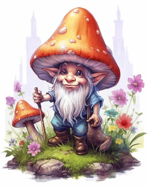 cartoon gnome with a mushroom hat and a stick in his hand generative ai