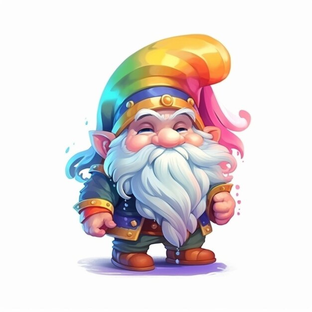 Cartoon gnome with a rainbow hat and a rainbow on his head.