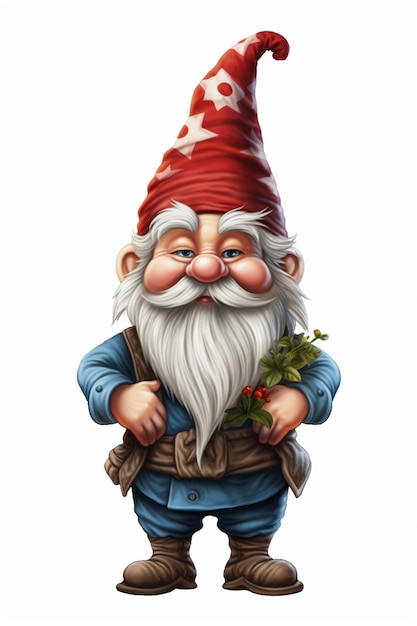 cartoon gnome with a red hat and a white beard holding a leaf generative ai