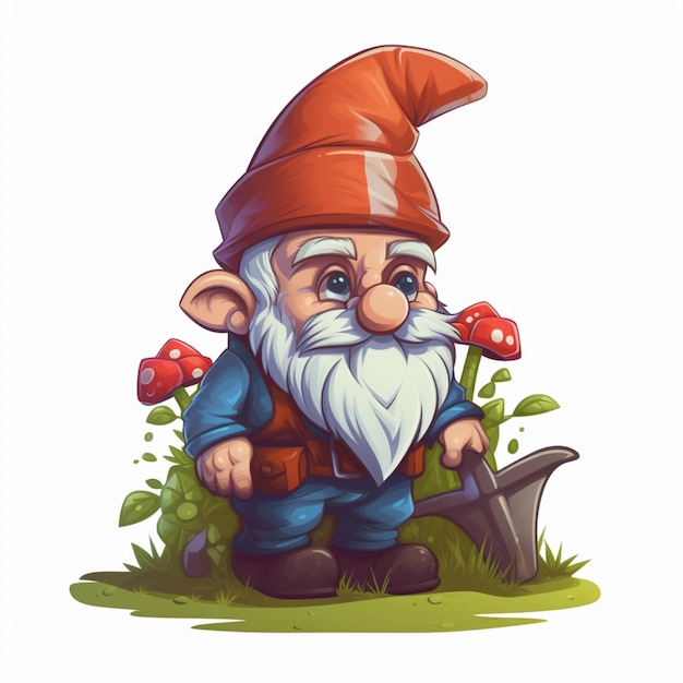 Cartoon gnome with a shovel and mushroom in the grass generative ai