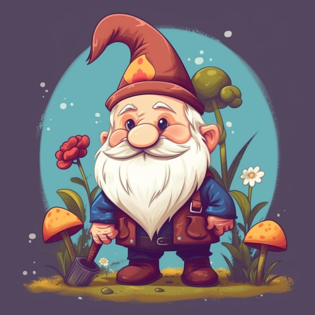 Cartoon gnome with a shovel and mushrooms in the background generative ai