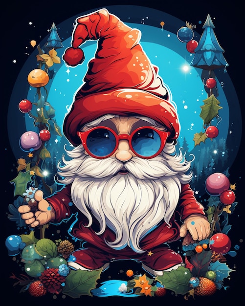 cartoon gnome with sunglasses and a beard in a wreath of christmas decorations generativ ai