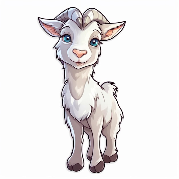 cartoon goat with blue eyes standing on a white background generative ai