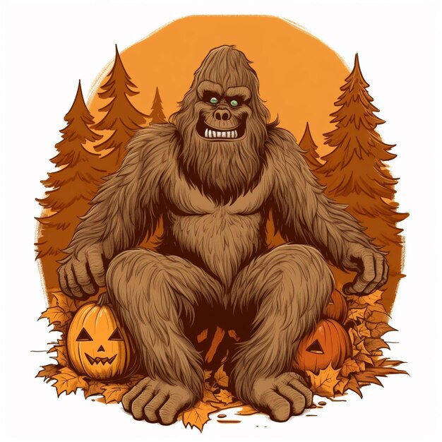 Photo a cartoon gorilla sitting on a pile of pumpkins in the woods generative ai