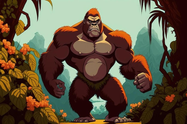 A cartoon gorilla with a jungle background