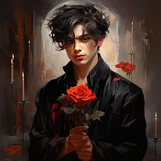 Cartoon Gothic art house Valentine's Day a young guy holds a chic glass red rose