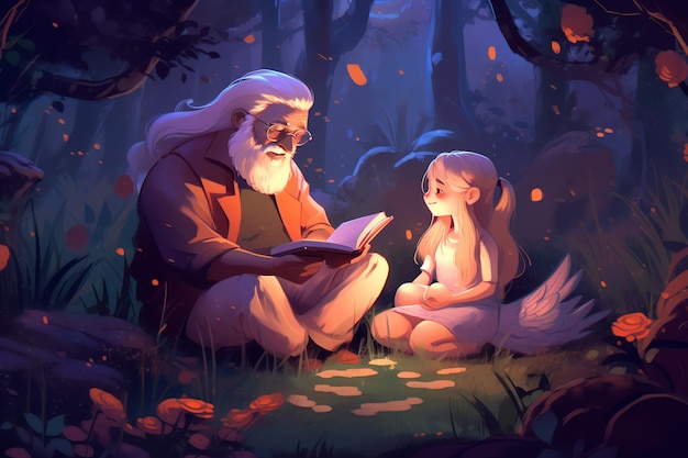 A cartoon of a grandparent reading a book with a girl