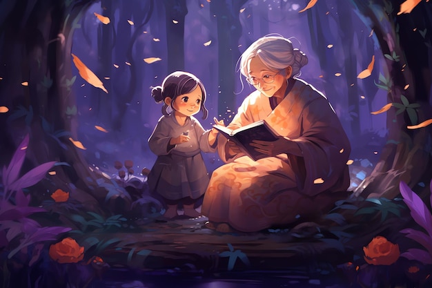 A cartoon of a grandparent reading a book with a girl