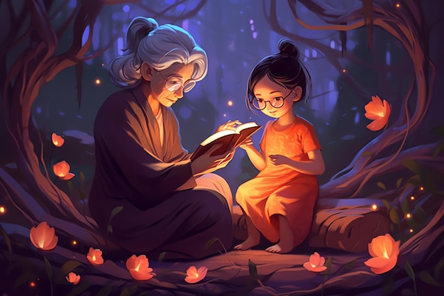 女の子と一緒に本を読んでいる祖父母の漫画
