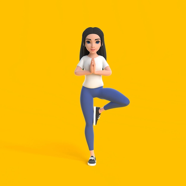 Cartoon grappig schattig yoga meisje in een wit T-shirt en spijkerbroek in boom positie op een gele achtergrond 3D