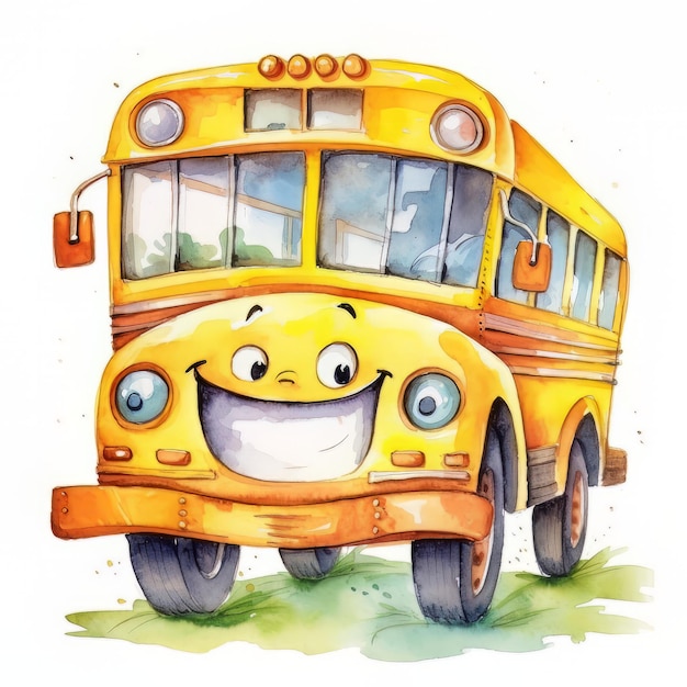 Cartoon grappige schoolbus met de hand getekende aquarel illustratie op witte achtergrond