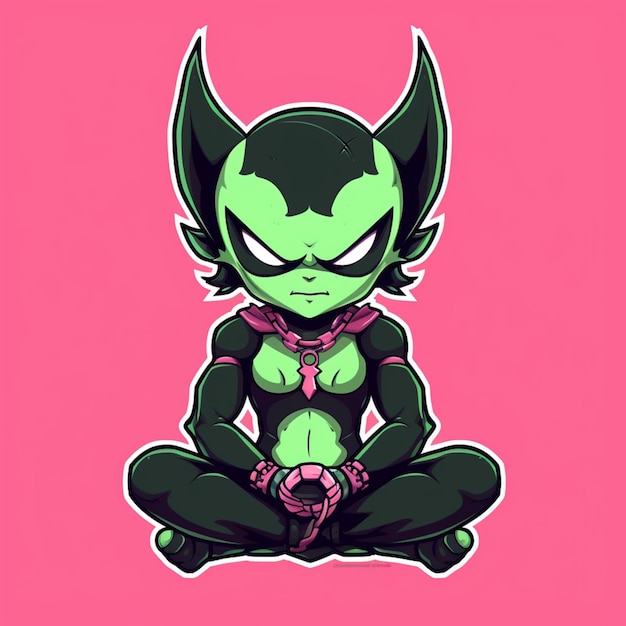 ピンクの表面に座っている角を持つ緑と黒の猫の漫画