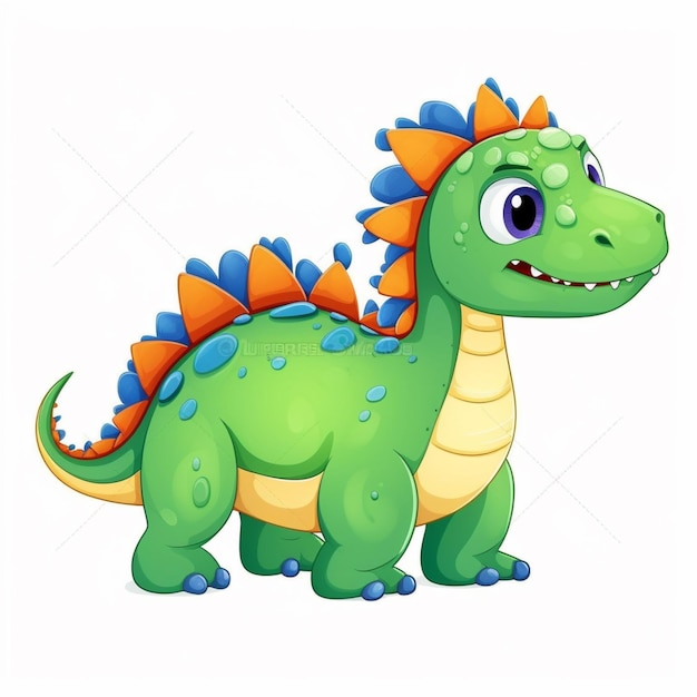 Photo cartoon green dinosaur with orange and blue spikes generative ai