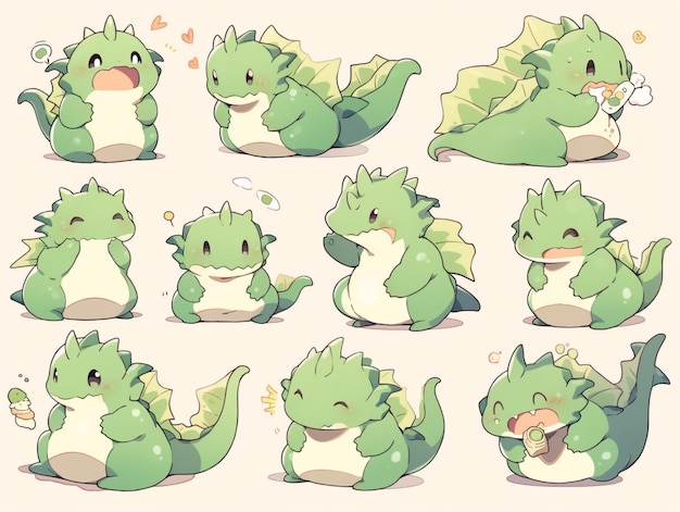 cartoon green dragon character poses with different expressions generative ai