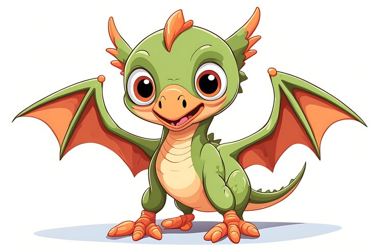 Photo cartoon green dragon with orange wings and claws