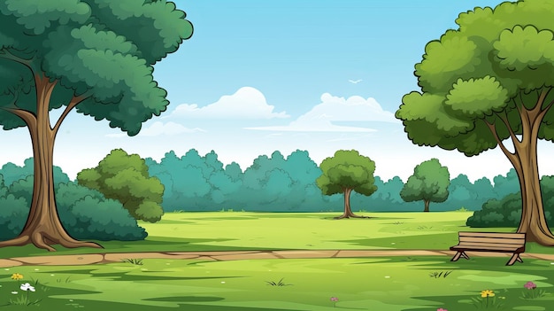 A cartoon of a green field with trees and a path.