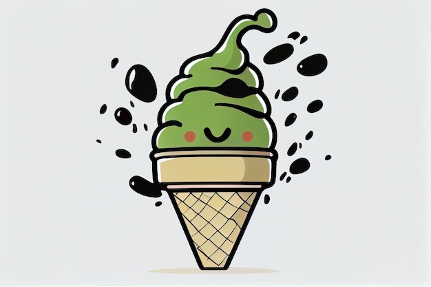 A cartoon of a green ice cream cone with a face on it.