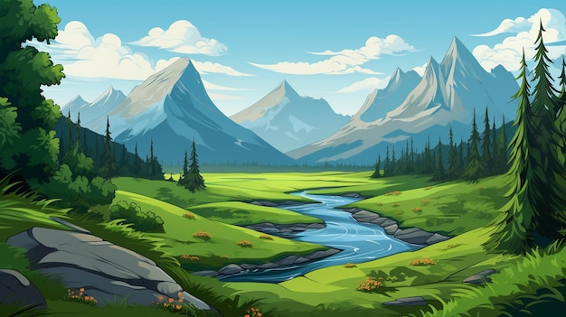 Мультяшный зеленый пейзаж горы и река