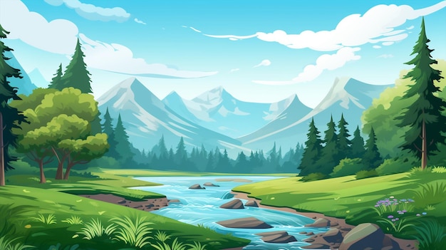 cartoon green landscape mountains and river