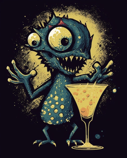 A cartoon of a green monster with a martini glass in front of it.