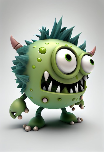 cartoon green monster with spikes and horns on a white background generative ai