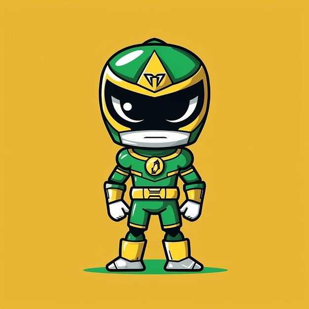 A cartoon green ninja warrior standing in front of a yellow background